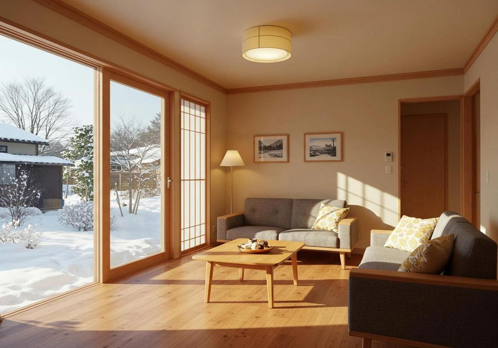 Sunlit living room with wooden floors, two gray sofas, a wooden coffee table, and a floor lamp, facing large glass doors to a snowy yard.
