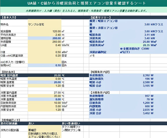 UA値・C値から冷暖房負荷と推奨エアコン容量を示す計算シート。基本入力と設備容量候補を表で比較している。