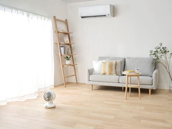 Minimalist living room with gray sofa, wooden ladder shelf, small round table, plant, and a wall-mounted air conditioner in a bright space.